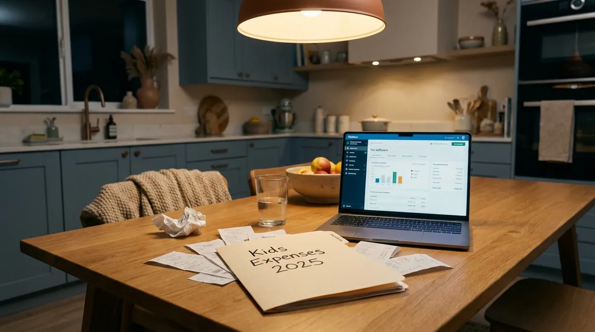 co-parent organizing tax deduction receipts for child expenses at kitchen table